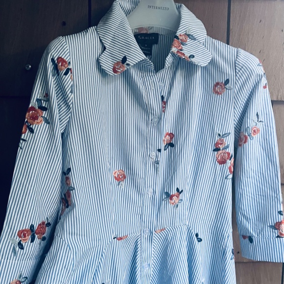 Gracia Women's Striped and Embroidered Flowers Midi Shirt Dress Size Small - Picture 2 of 12